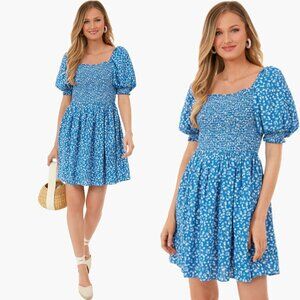 Hyacinth House NEW Blue Micro Floral Smocked Short Sleeve Mini Dress Size Small
